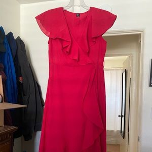 Solid red ruffle trim belted wrap dress